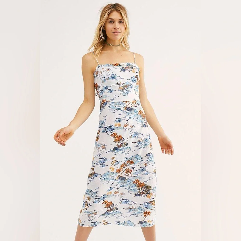 Free People Beach Party Dress, Tropical Linen Vacation Size 6 - Picture 2 of 16